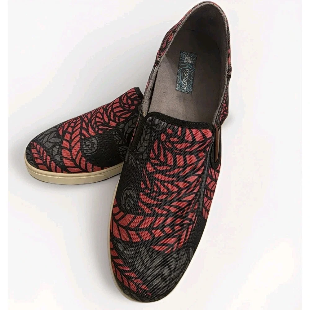 Olukai Kahu PowWow Slip On Shoes Mens 11.5 Red Black Leaf Canvas Loafers 10372